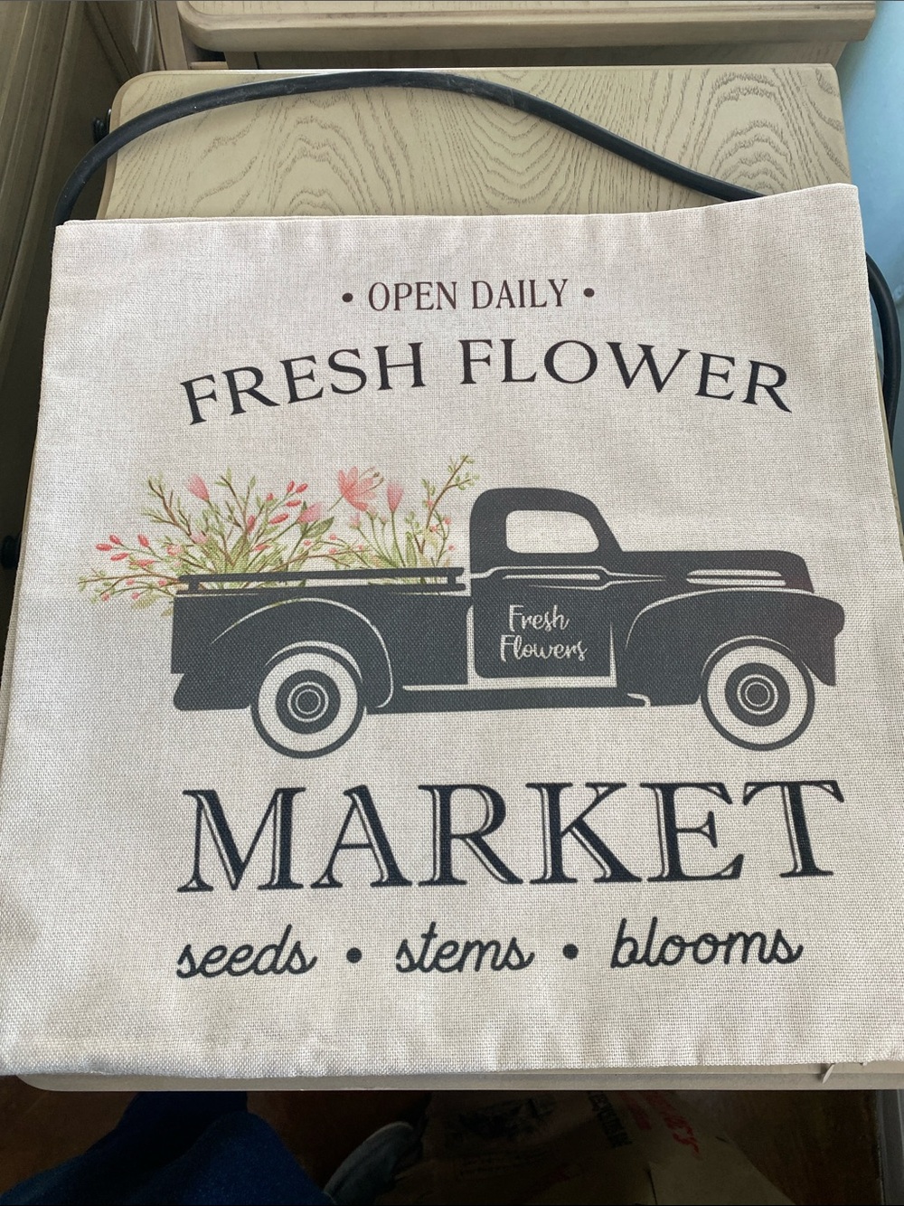 Fresh Flower truck pillow cover — Beige with Black Truck & Pink Floral Accent